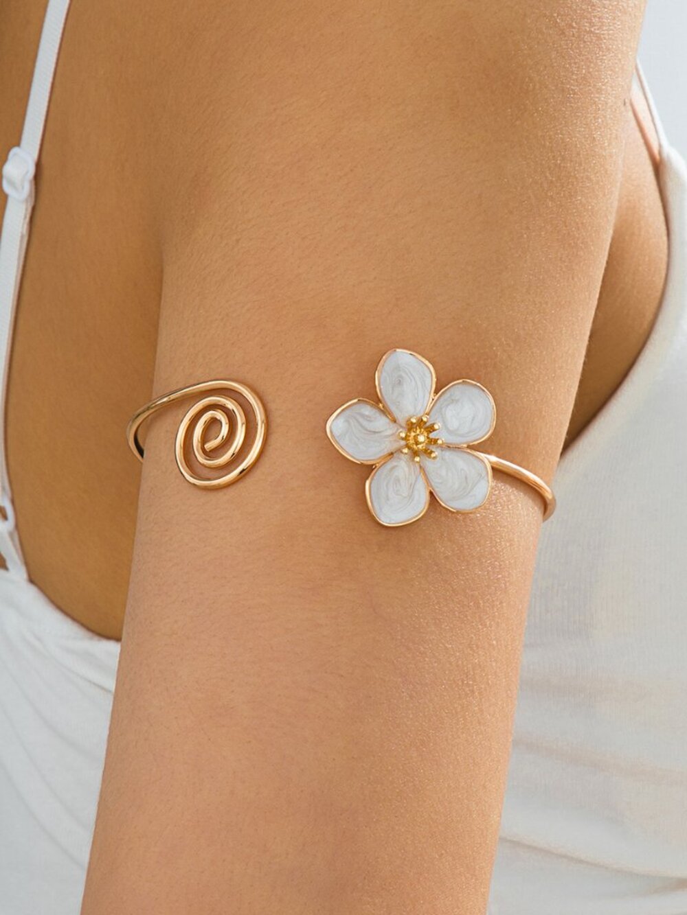 3/$35 NEW Gold White Enamel Flower Upper Arm Cuff Swirl Bracelet